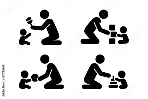 Father Playing with Baby Toys Icons, Solid Filled Vector Set of Dad and Child Interaction with Baby Rattle, Building Blocks, Soft Ball, and Stacking Rings, Transparent Background