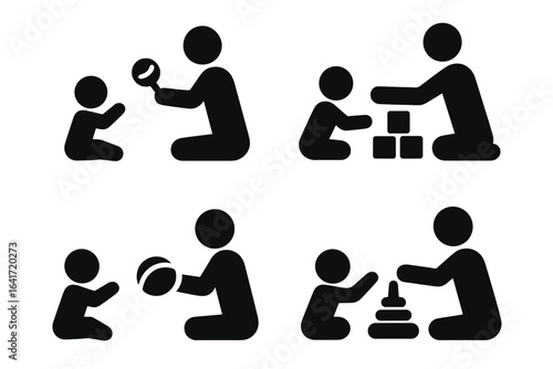 Father and Child Playtime Icons Set. Black Silhouette Vector Illustrations of Parent Playing with Baby Using Rattle, Building Blocks, Soft Ball, Stacking Rings, Educational Toys, Family Interaction
