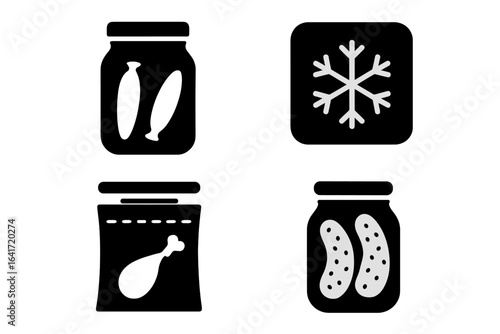 Food preservation glyph icons set. Canning and pickling vector concepts. Jar of homemade pickled cucumbers, gherkins. Frozen food in vacuum sealed bag with chicken leg.