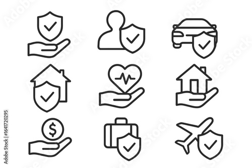 Insurance Icons Collection with Protection Symbols, Health, Finance, Travel, Home, Car, and Personal Security Concepts, Simple Line Art Vector Set for Business and Finance Design