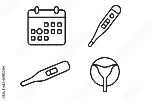 Fertility Tracking Icons Set, Outline Vector Calendar App, Basal Body Thermometer, Ovulation Test, Cervical Health Symbols, Reproductive and Women’s Health Monitoring