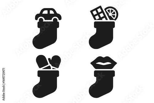 Festive Christmas Stocking Icon Set with Toy Car, Chocolate Bar, Orange Slice, Mittens, and Lips Fillers, Solid Filled Holiday Vector Illustrations for Seasonal Designs