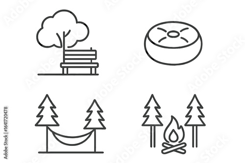 Forest retreat amenities outline icons set. Vector illustration. Wooden bench under tree, meditation cushion, hammock between pines, campfire in forest. Relaxation, outdoor leisure, nature getaway.