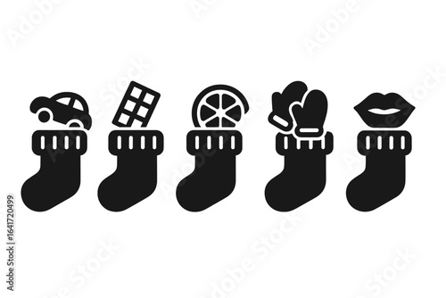 Festive Stocking Fillers Icons Set with Toy Car, Chocolate Bar, Orange Slice, Mittens, and Lips, Solid Filled Holiday Symbols, Christmas Gift Vector Illustrations