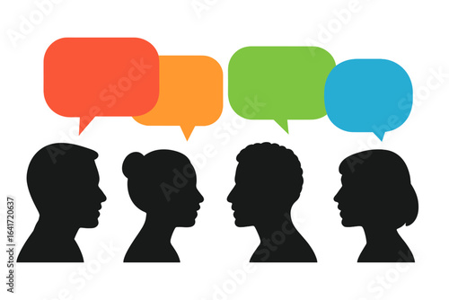 Communication concept with black silhouette of people and colorful speech bubbles, social network discussion, speaking faces, dialogue interaction, vector illustration transparent background