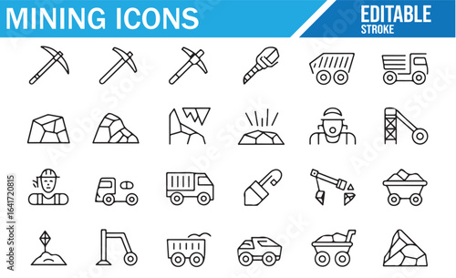 Vector icons for mining, excavation, and heavy-duty construction equipment.