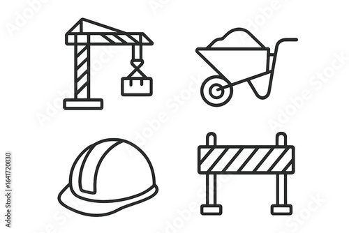 Construction set of 4 web icons in modern line style, vector illustration on transparent background, building tools, equipment symbols, industrial and architecture design elements