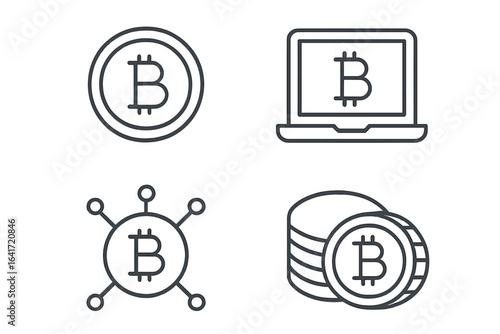 Bitcoin cryptocurrency vector icons set in linear style. Blockchain technology, digital wallet, bitcoin network, crypto coins, online payment, fintech illustration isolated on white background.