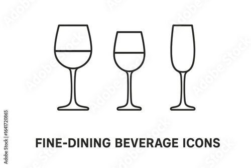 Fine dining beverage glass icons set. Outline vector illustration of red wine glass, white wine glass, champagne flute. Elegant stemware, minimalist style, transparent isolated restaurant graphic.