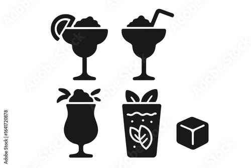 Frozen Cocktail Icons Solid Filled Vector Set Featuring Frozen Margarita, Daiquiri, Frozen Colada, Blended Mojito, and Ice Cube Illustration on Transparent Background