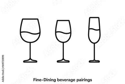 Fine Dining Beverage Pairing Outline Icons Set, Elegant Red Wine Glass, White Wine Glass, Champagne Flute, Minimalist Restaurant Drinkware, Vector Illustration for Food and Drink Menu Design