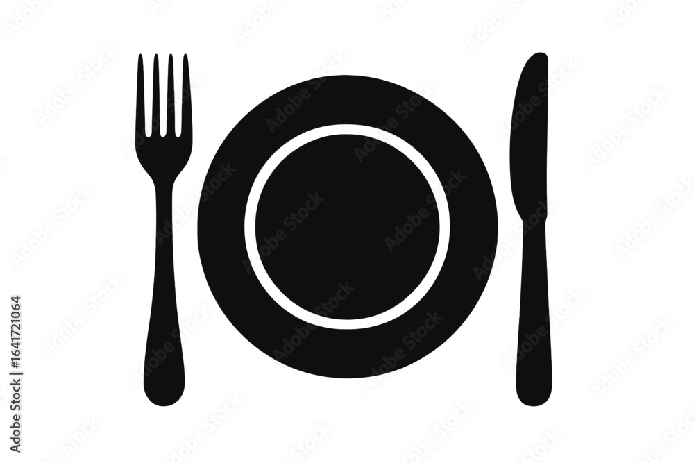Vector silhouette of plate, fork and knife. Cutlery icons for restaurant, dining, food service. Black kitchen utensil illustration. Table setting symbol, menu concept, catering design element. Vector silhouette of plate, fork and knife. Cutlery icons for restaurant, dining, food service. Black kitchen utensil illustration. Table setting symbol, menu concept, catering design element.