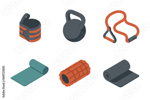Isometric Fitness Equipment Icon Set. Workout wrist wraps, kettlebell, resistance band, yoga mat, foam roller, sports gear, training accessories, exercise icons, gym illustration, vector transparent.