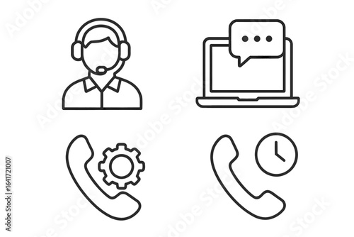 Customer Service Support Call Center Line Icons. Phone Assistance, Technical Help, Online Chat, Operator, 24 Hour Hotline, Business Communication, Vector Web Icon Set on Transparent Background