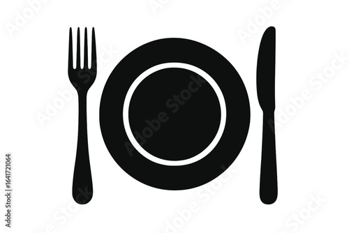 Vector silhouette of plate, fork and knife. Cutlery icons for restaurant, dining, food service. Black kitchen utensil illustration. Table setting symbol, menu concept, catering design element.