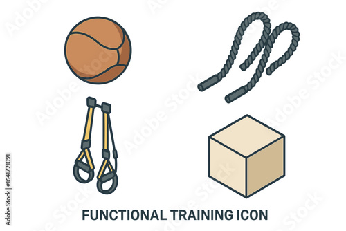 Isometric Functional Training Icons Set, Medicine Ball, Battle Rope, TRX Straps, Plyometric Box, Fitness Equipment Vector Illustration, Exercise Gear, Workout Tools