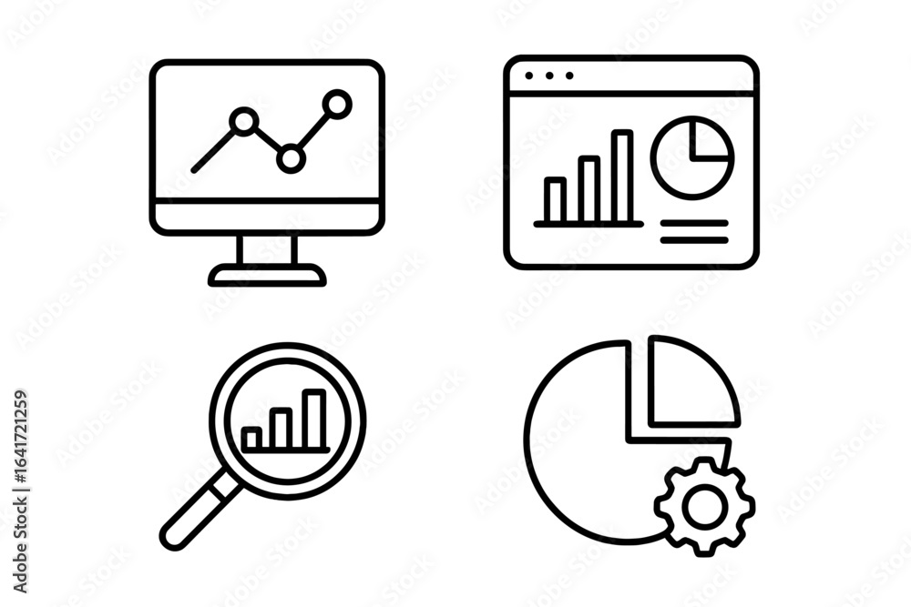 Fototapeta premium Data analytics web icons set. Trend analysis, dashboard, reporting, statistics, pie chart, magnifier, growth, optimization, business intelligence. Line style vector illustration isolated on white.