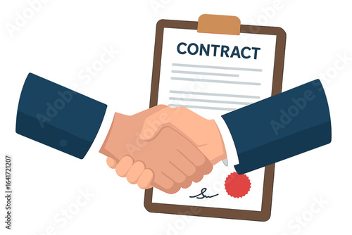 Business contract agreement handshake with signed document and official seal, folder with papers, successful partnership deal and legal paperwork concept, professional collaboration