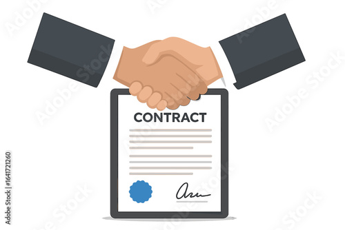 Business contract agreement document with handshake, signed contract with seal, successful partnership handshake, folder with papers, legal business deal illustration