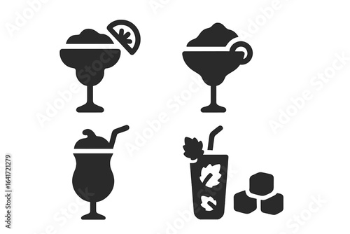 Frozen cocktail glyph icon set. Solid vector icons of summer drinks. Margarita, daiquiri, piña colada, mojito symbols for bar menu, party, alcohol, beverage design.