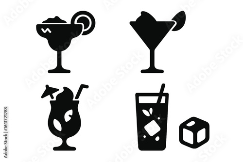 Frozen cocktail drink icons set. Solid filled margarita, daiquiri, piña colada, mojito glasses, tropical cocktails, alcoholic beverages, ice cubes, summer party vector, bar stock illustration
