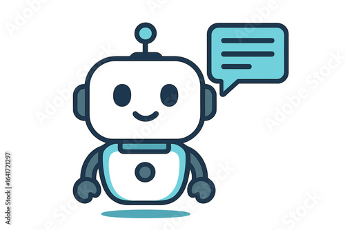 Friendly chatbot mascot vector illustration with speech bubble. AI assistant, customer support robot, modern flat cartoon design, transparent background. Chatbot marketing, communication concept icon.