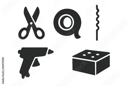 Floral Design Tools Icons Set, Solid Filled Vector of Scissors, Floral Tape, Wire, Hot Glue Gun, Florist Foam Block, Flower Arrangement Supplies, Transparent Background