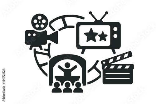 Vector illustration of entertainment industry concepts, television show awards, movie filming, live stage performance, cinema, broadcast media, clapperboard, transparent background, film reel