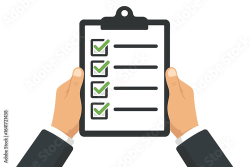 Businessman holding clipboard with checklist, green check marks, business success concept, completed tasks icon, flat vector illustration, workplace productivity, verification, transparent background