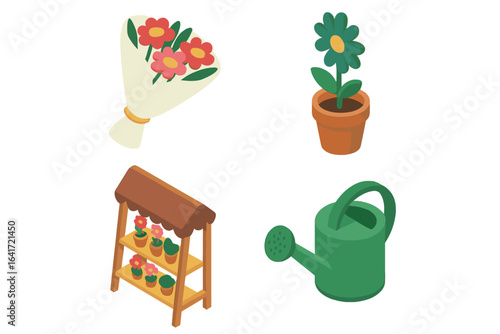 Isometric Flower Market Icons Set with Flower Bouquet, Potted Plant, Flower Stand, Watering Can, Flat Floral Vector Illustrations on Transparent Background