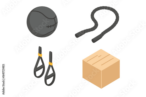 Isometric functional training gym equipment icons set. Medicine ball, battle rope, TRX straps, plyo box. Fitness workout gear, crossfit tools, cardio exercise equipment. Vector illustration isolated.