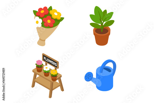 Isometric Flower Market Icons Set, Flat Vector Illustration of Flower Bouquet, Potted Plant, Flower Stand with Sign, and Blue Watering Can, Transparent Background
