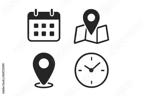 Schedule planning and time management vector icons set. Calendar, location marker, map pin, address, clock, date, appointment, event reminder, navigation, time tracking, travel, activity symbols.