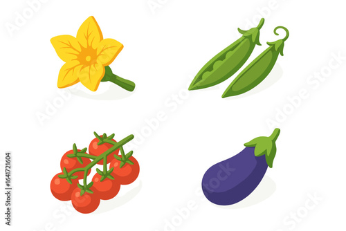 Isometric Garden Produce Vector Icons Set with Zucchini Blossom, Pea Pods, Cherry Tomatoes, and Eggplant – Flat Transparent Edible Vegetable Illustrations