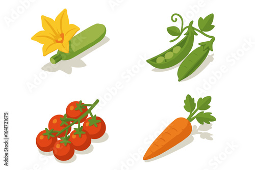 Isometric Flat Garden Produce Icons Set with Zucchini Blossom, Green Pea Pods, Cherry Tomatoes Cluster, and Fresh Carrot Vector Illustration on Transparent Background