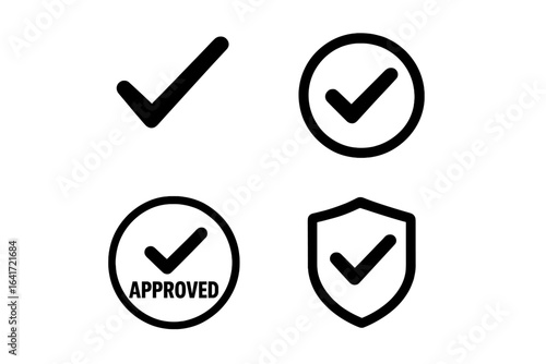 Check mark icons set. Approved verified protected quality assurance symbol. Vector illustration. Compliance tick security shield. Success acceptance confirmation stamp. Certification badge concept.