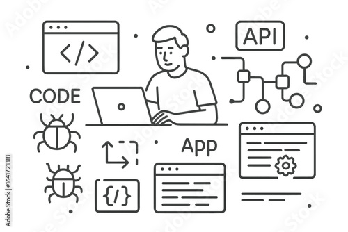 Programmer coding on laptop, debugging bugs, API development, web app flowcharts, node connection, software programming concepts, vector illustration for technology and coding backgrounds