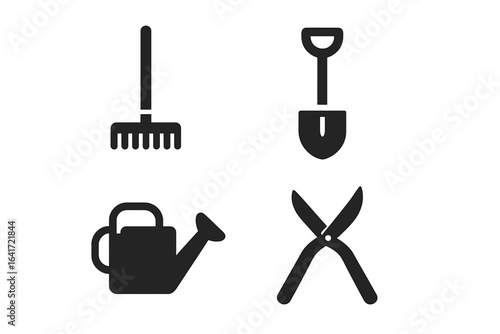 Garden tool icon set. Solid glyph collection for gardening, farming and agriculture. Vector illustration with rake, shovel, watering can, and pruning shears symbols.