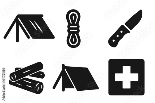 Forest survival icons set, solid filled vector symbols of shelter lean-to, rope, knife, firewood, tarp, emergency first aid kit, outdoor camping essentials, wilderness gear