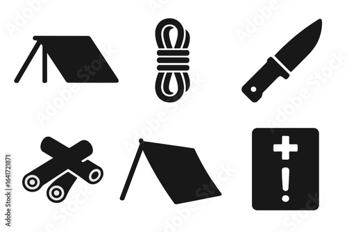 Forest Survival Icons Set with Solid Black Filled Symbols of Shelter, Lean-To Tarp, Rope, Knife, Firewood, and Emergency First Aid Kit for Outdoor Adventure and Wilderness