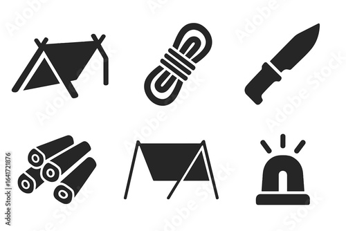 Forest Survival Icons Set, Solid Filled Vector Collection of Camping Shelter, Lean-To, Rope, Knife, Firewood, Tarp, Emergency Equipment and Outdoor Adventure Symbols