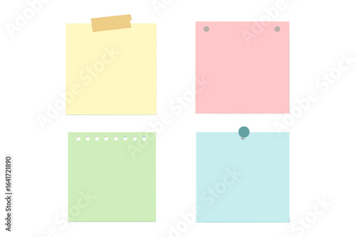 Colorful sticky notes set with tape, pin, punch holes. Blank paper squares, pastel stationery memo sheets, office reminders, pin board, school, planning, organization, isolated vector illustration