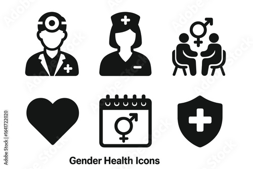 Gender Diversity Health Icons Set. Solid vector symbols of doctor, nurse, support group, heart, gender calendar, and medical shield. Inclusive healthcare, sexuality support, LGBT clinic illustration.
