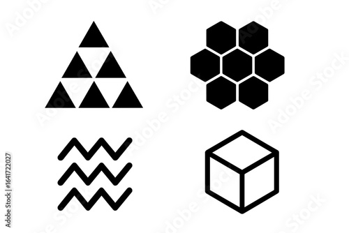 Geometric pattern icons set with solid filled triangles cluster, hexagonal grid, zigzag lines, and cube outline vector illustration on transparent background