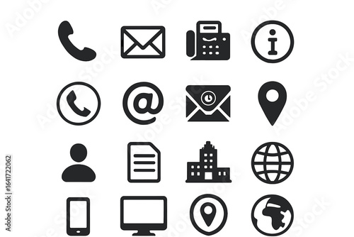 Contact information icons set. Black business card vector symbols for phone, email, fax, location, info, user, address, web, document. Communication and social media graphic resources.