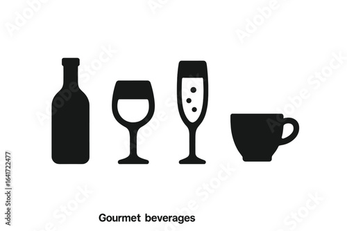 Gourmet beverage icons solid filled set of elegant drinks red wine bottle glass white wine glass champagne flute bubbles espresso cup vector illustration transparent background