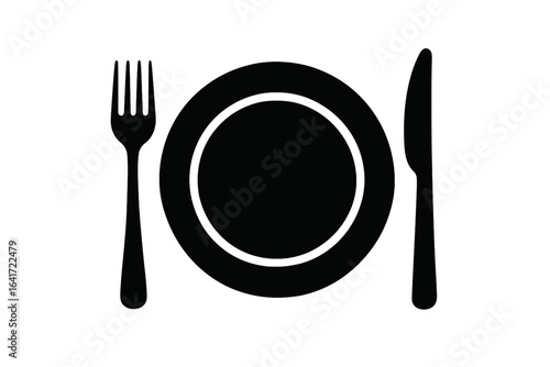 Restaurant cutlery icon. Plate fork knife silhouette. Black kitchen utensil vector. Food dining symbol. Table setting graphic. Eat meal dishware sign. Culinary service logo. Simple minimalist style.
