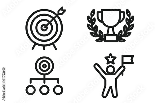 Goals and Target Icons for Web and Mobile App. Competition, Awards, Achievement, Laurel Branch, Reward, Winner, Motivation, Aim, Plan, Success, Victory, Trophy, Strategy, Goal Setting