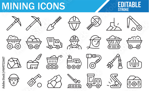 Collection of editable mining-related icons for tools, workers, and equipment.