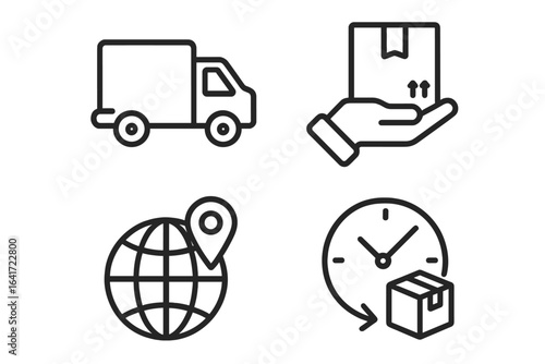 Delivery logistics vector icon set. Courier truck, parcel handover, global shipping, express package, tracking, transportation, fast shipping, international delivery. Modern line style for web, apps.